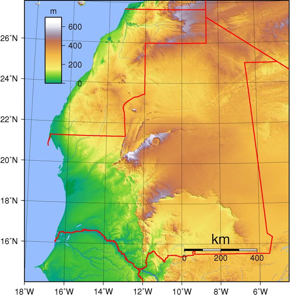 Topographic Map of Mauritania