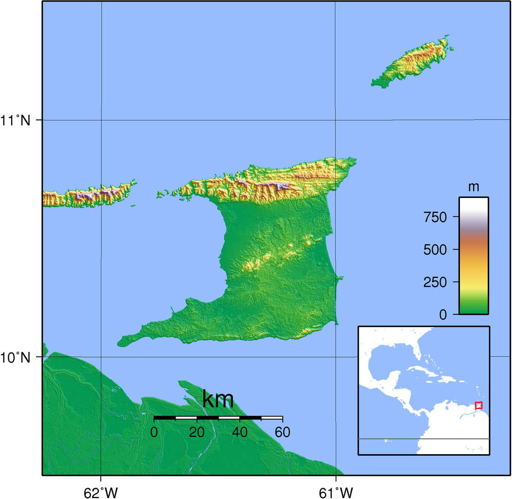 Topographic Map of Trinidad and Tobago
