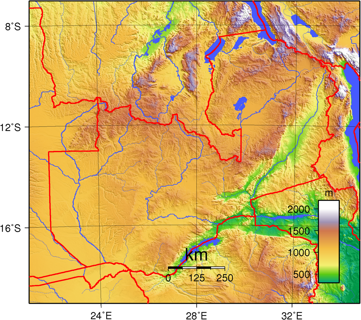 Topographic Map of Zambia
