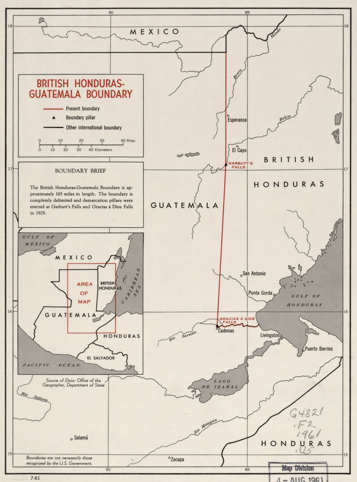 1961 British Honduras Boundary Map created by the CIA