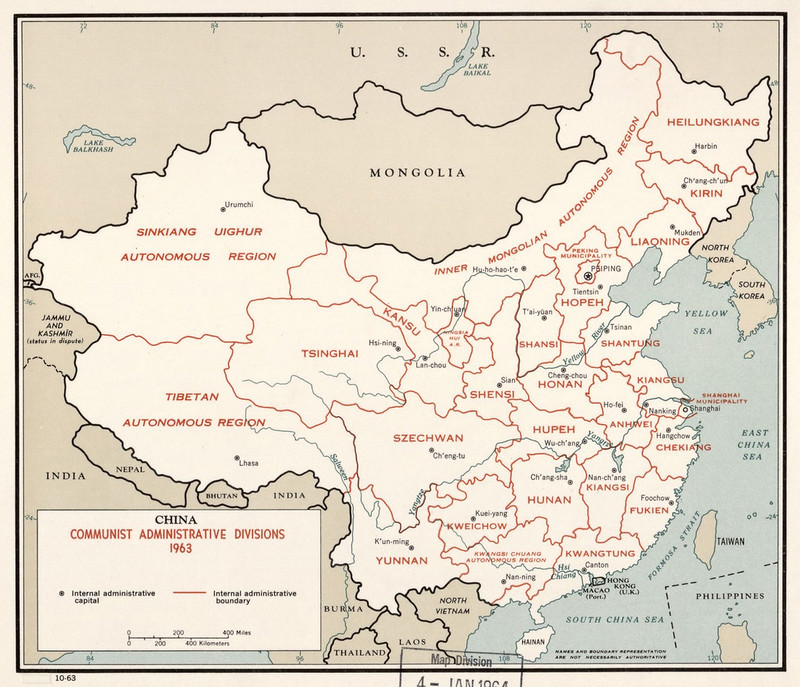 1963 China Communist Areas Map created by the CIA