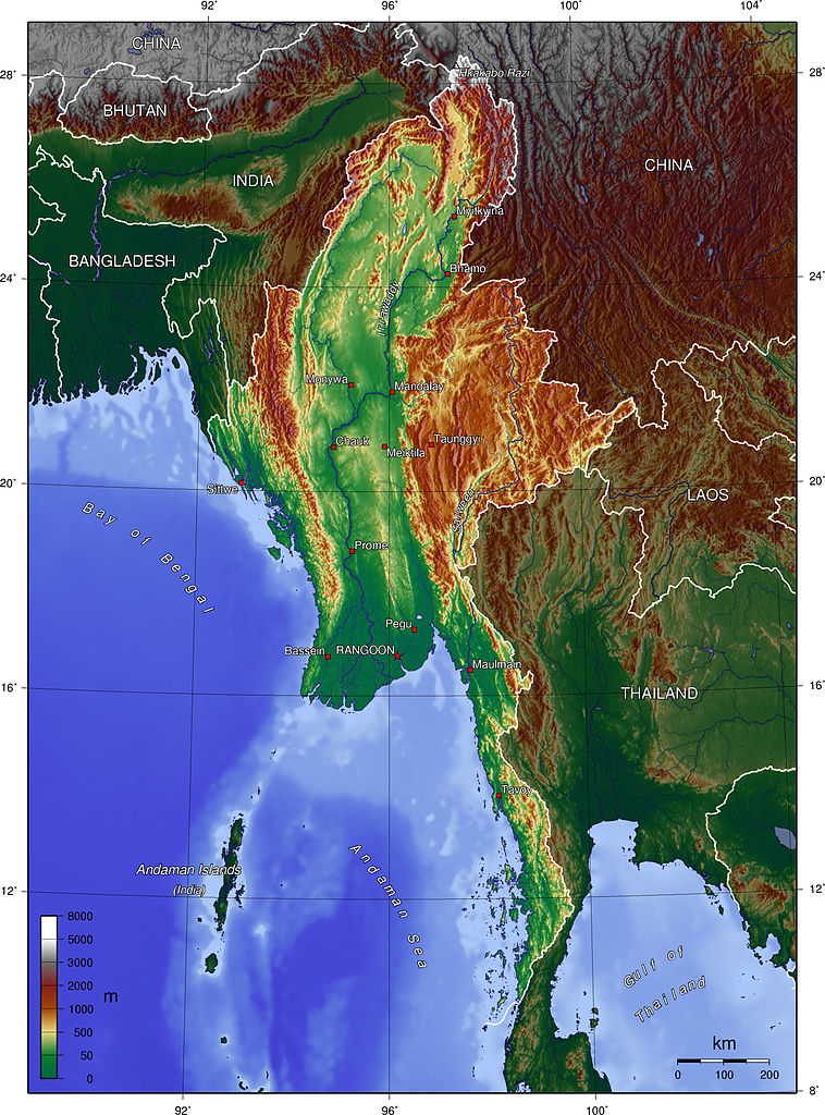 Topographic Map of Myanmar Burma
