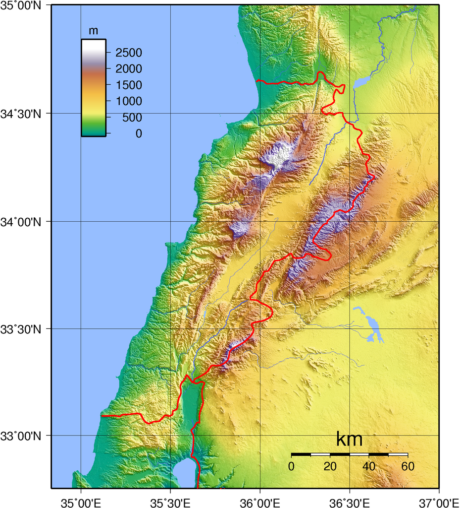 Topographic Map of Lebanon