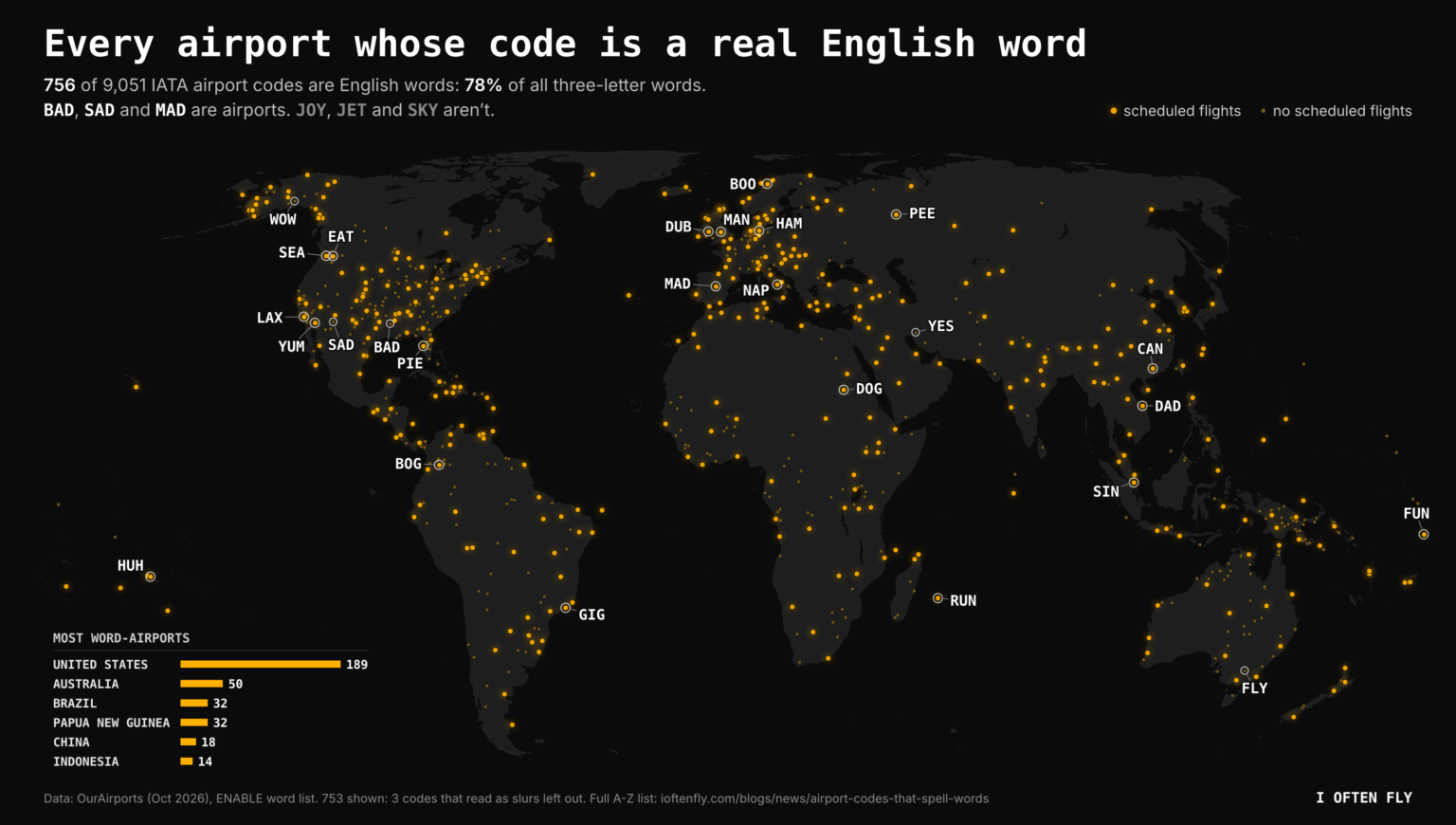 Spell Code Airline Map & List Of The 753 Airport Codes In The World That Spell Real Words ...