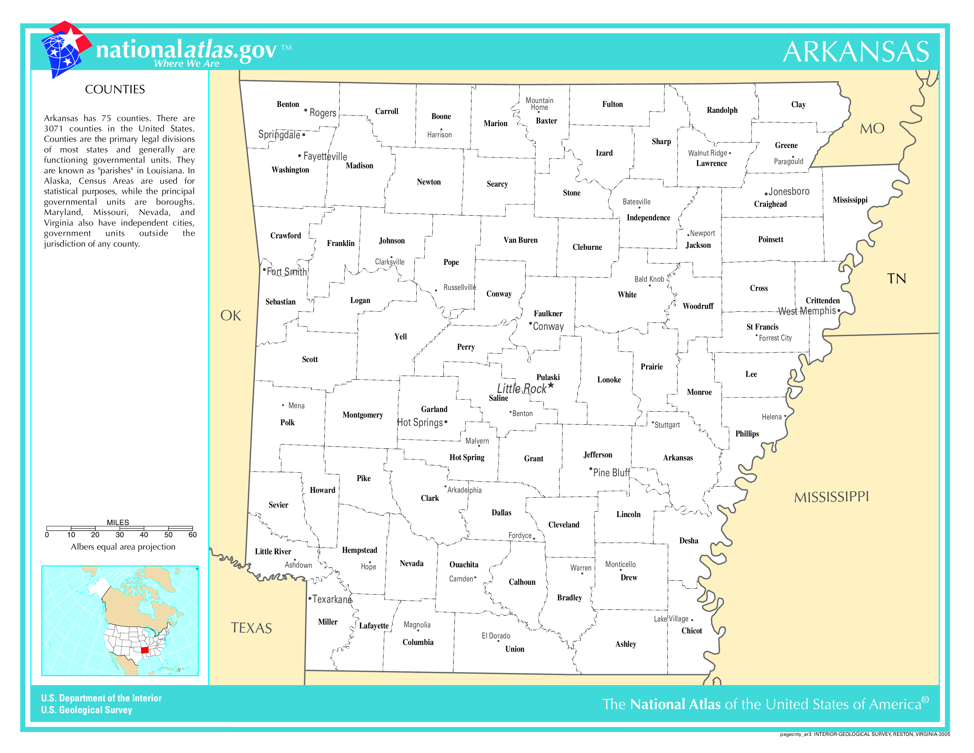 Arkansas County Map With Important Cities and Towns