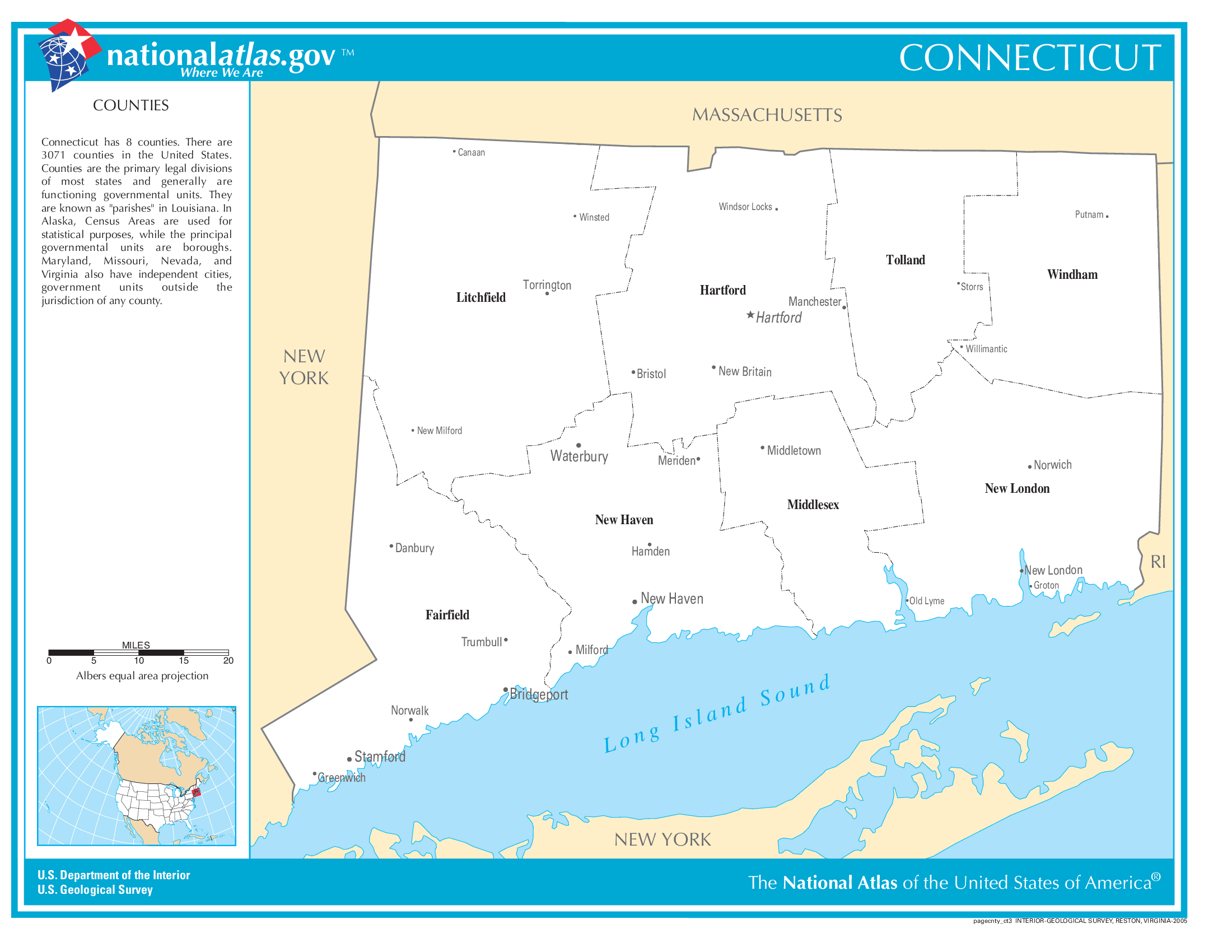 Connecticut County Map With Important Cities and Towns