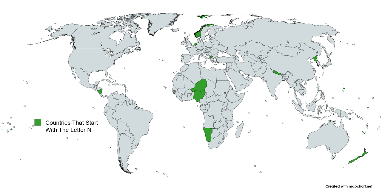Map Of The 16 Countries That Start With The Letter 'N'