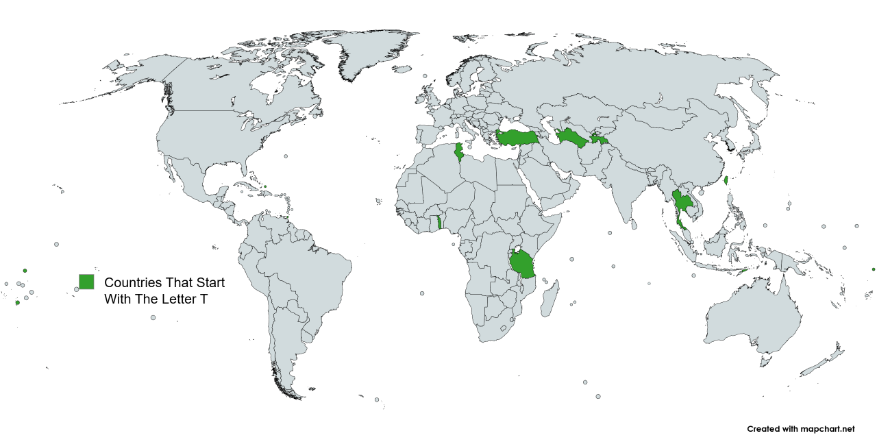 Map Of The 15 Countries That Start With The Letter 'T'