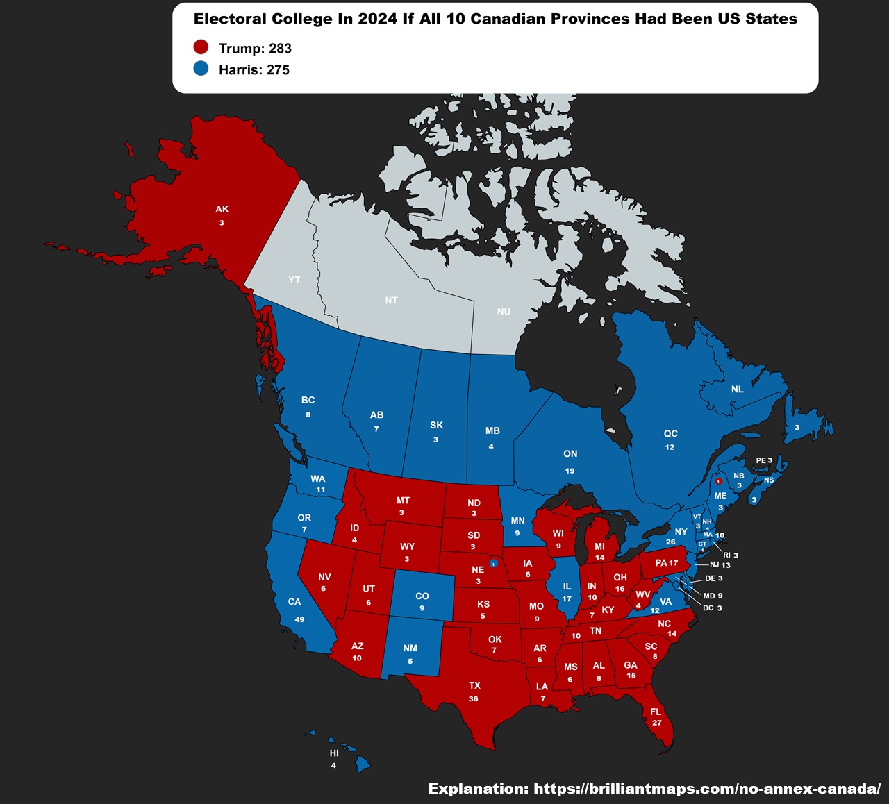 2024 Electoral College If Each Canadian Province Was A US State
