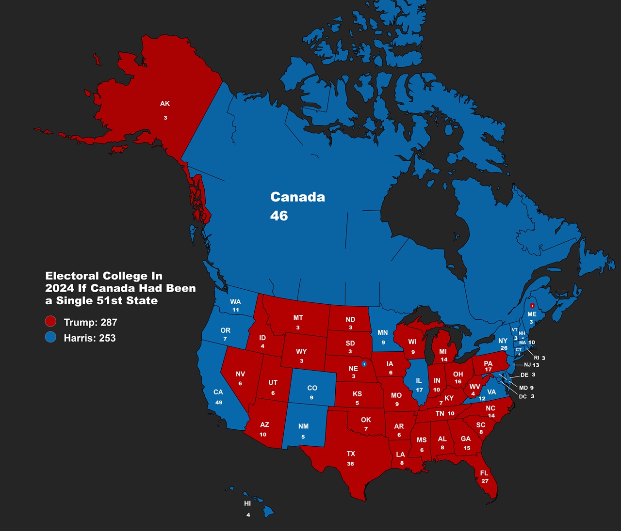 2024 Electoral College If Canada Had Been A Single 51st State 