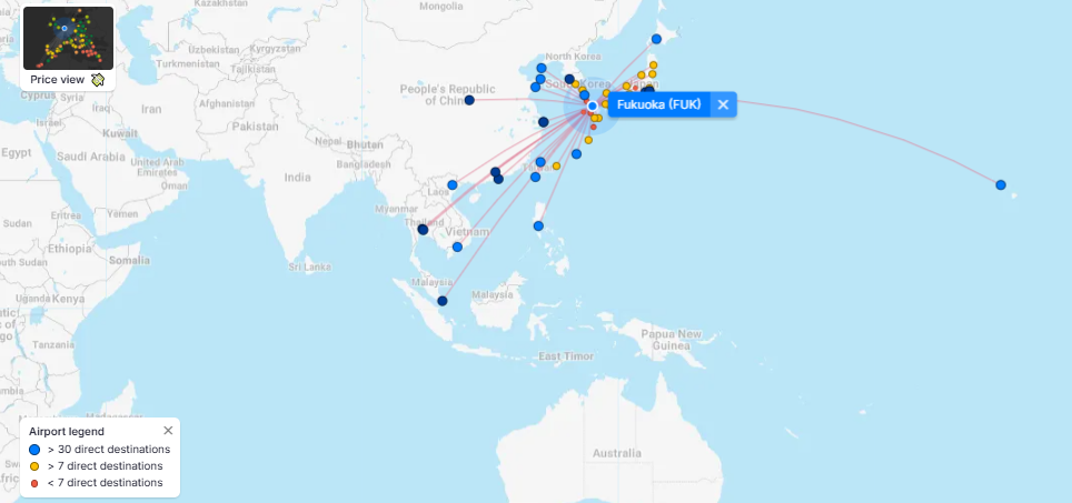 Direct Flights To and From Fukuoka Airport (FUK) Destinations Map