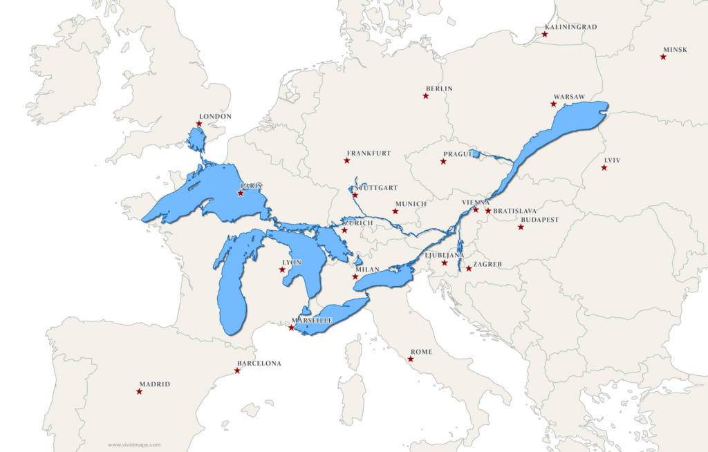 World Lakes R Map Great Lakes & St Lawrence River Superimposed On Europe