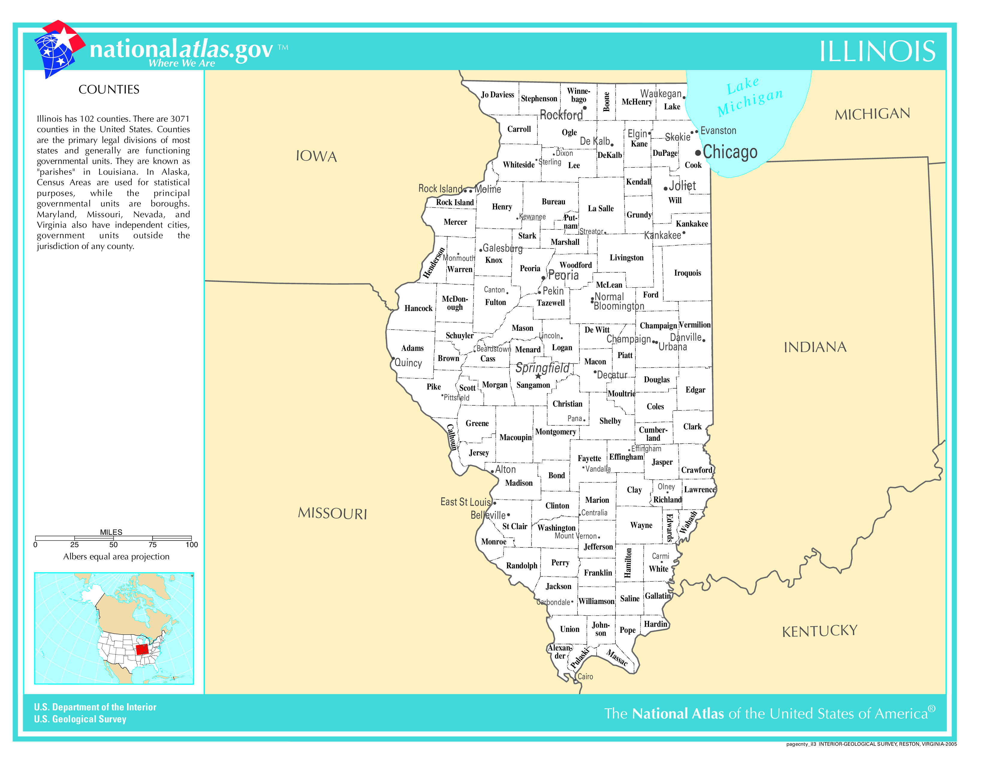 Illinois County Map With Important Cities and Towns