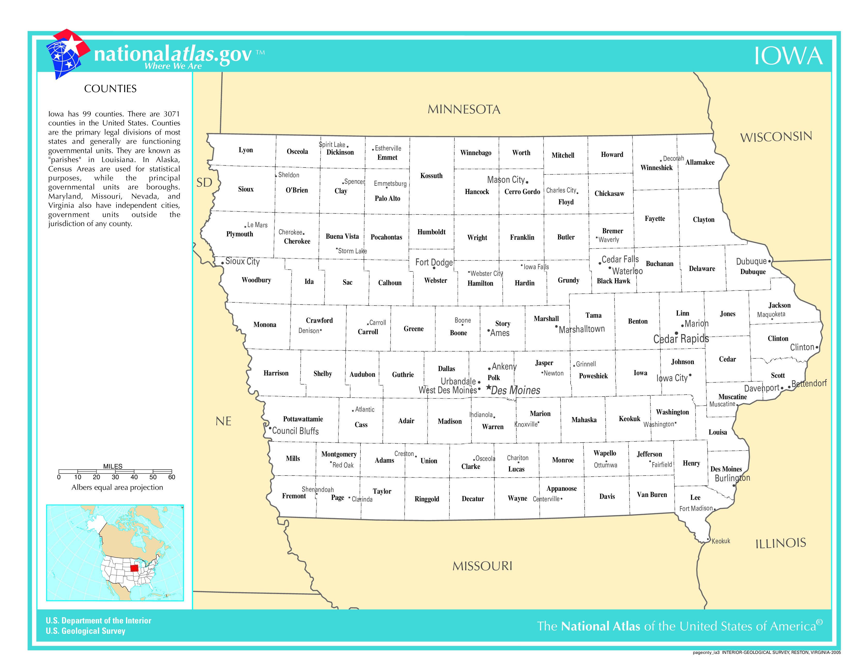 Iowa County Map With Important Cities and Towns