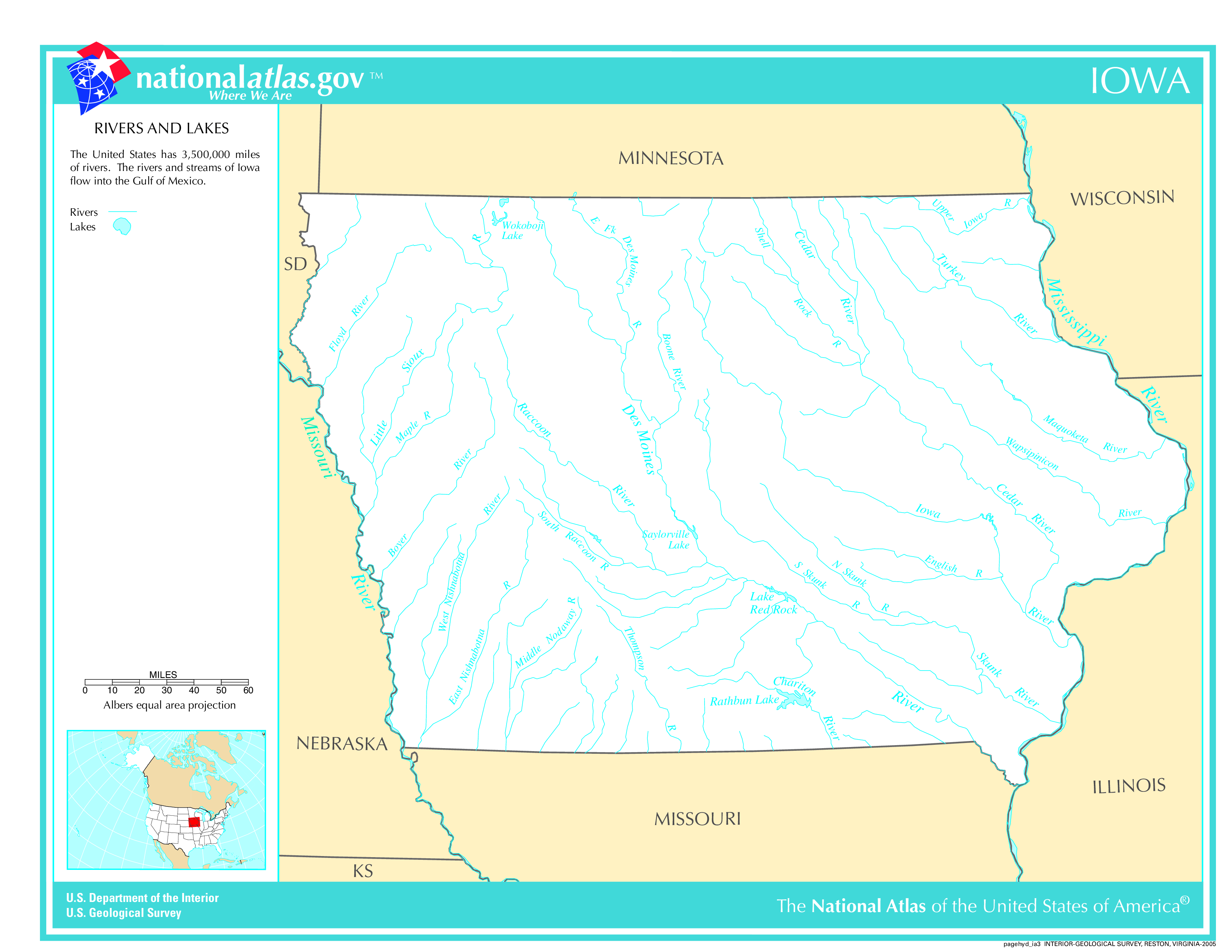 Map of Iowa Lakes and Rivers