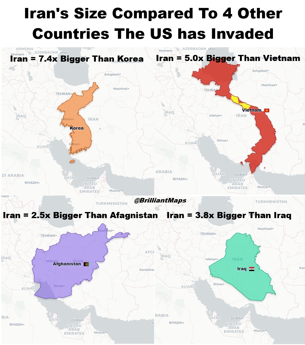 Iran's Size Compared To 4 Other Countries The US Has Invaded
