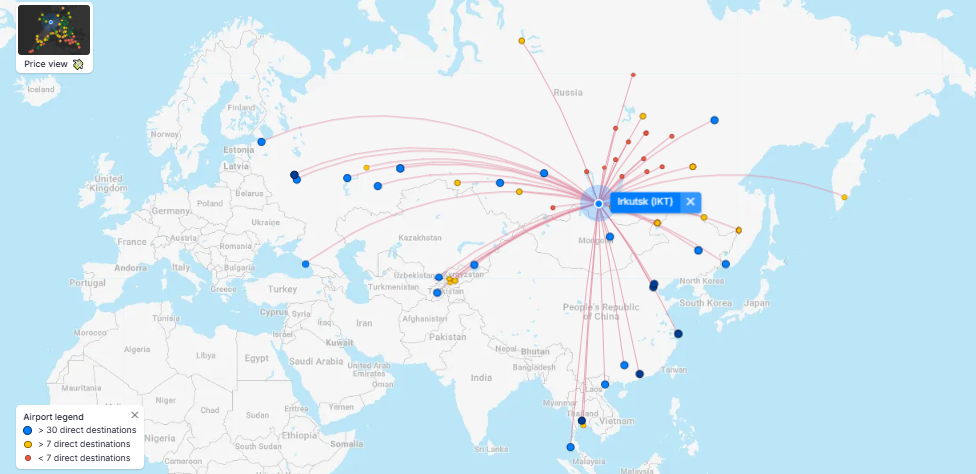 Direct Flights To and From Irkutsk International Airport (IKT) Destinations Map