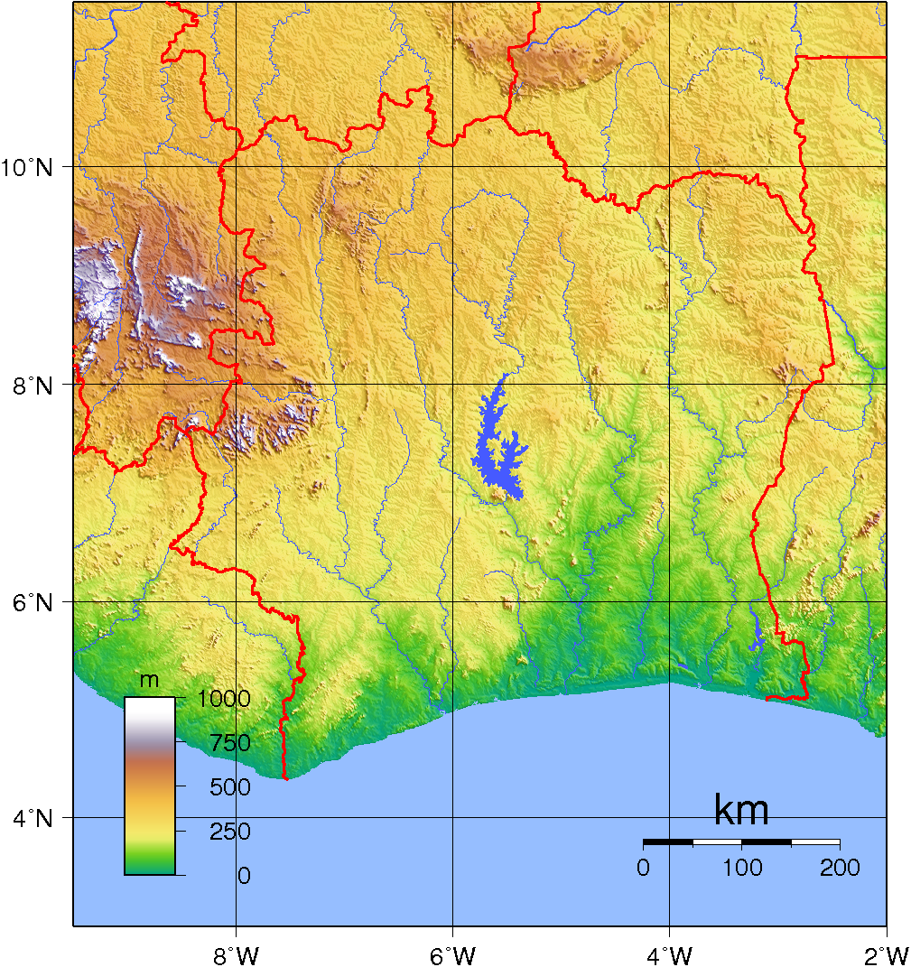 Topographic Map of Cote d'Ivoire