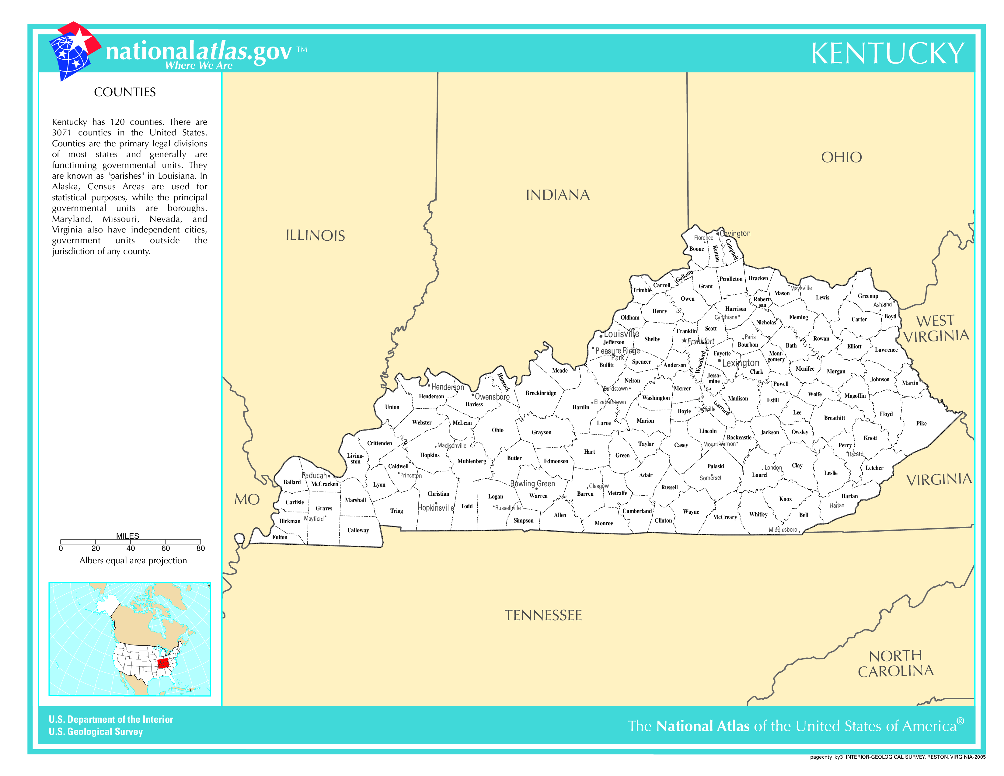 Kentucky County Map With Important Cities and Towns