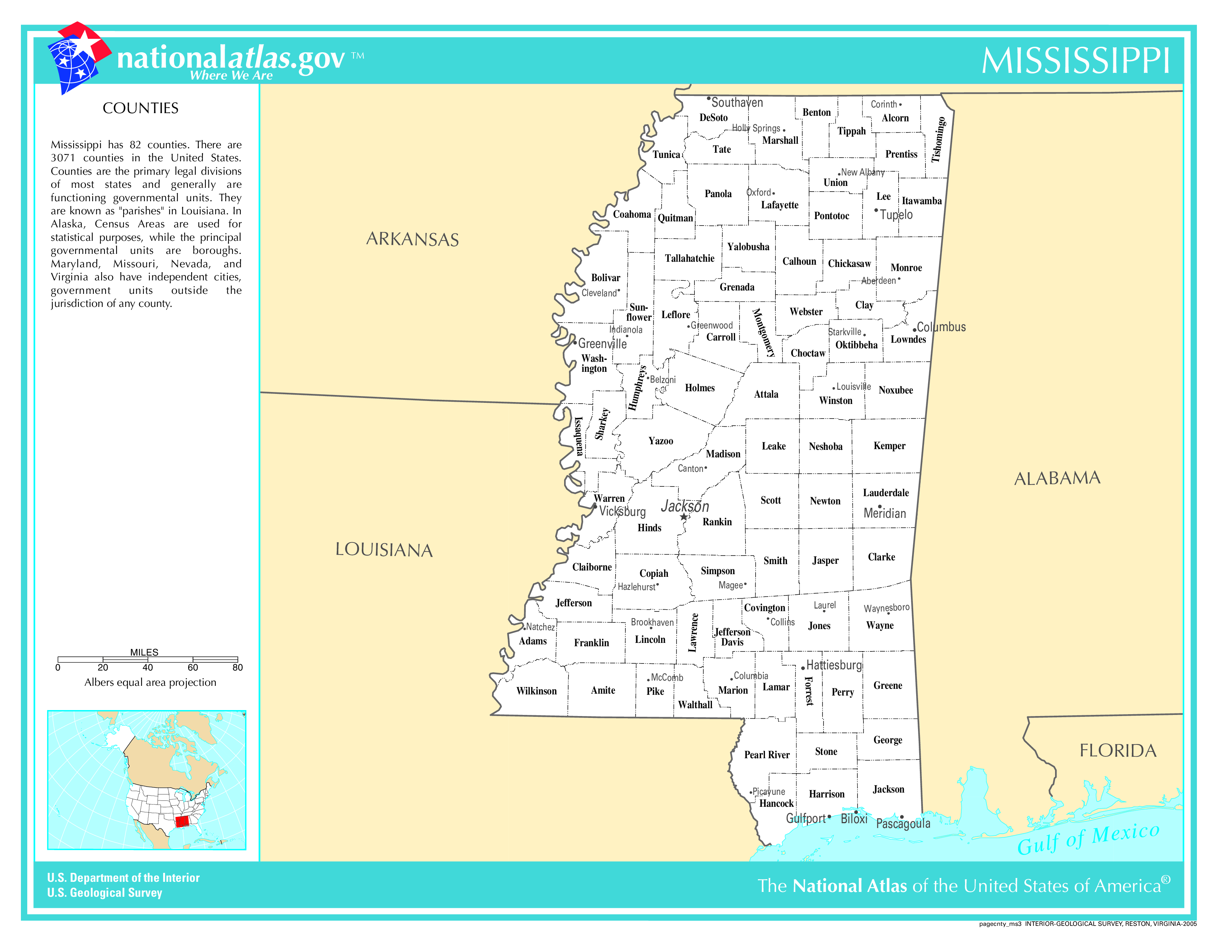 Mississippi County Map With Important Cities and Towns