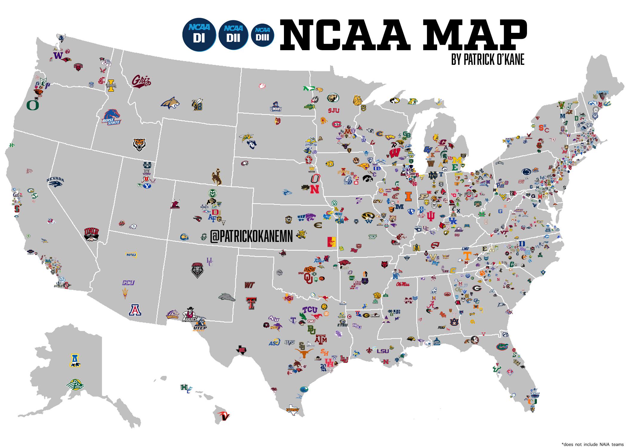 NCAA Map of Division I, II & III Teams 