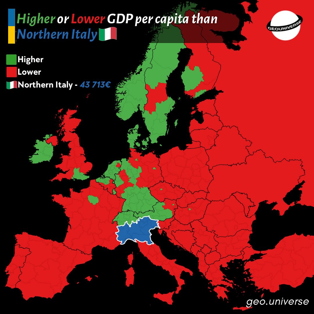 European regions that are richer and poorer than Northern Italy