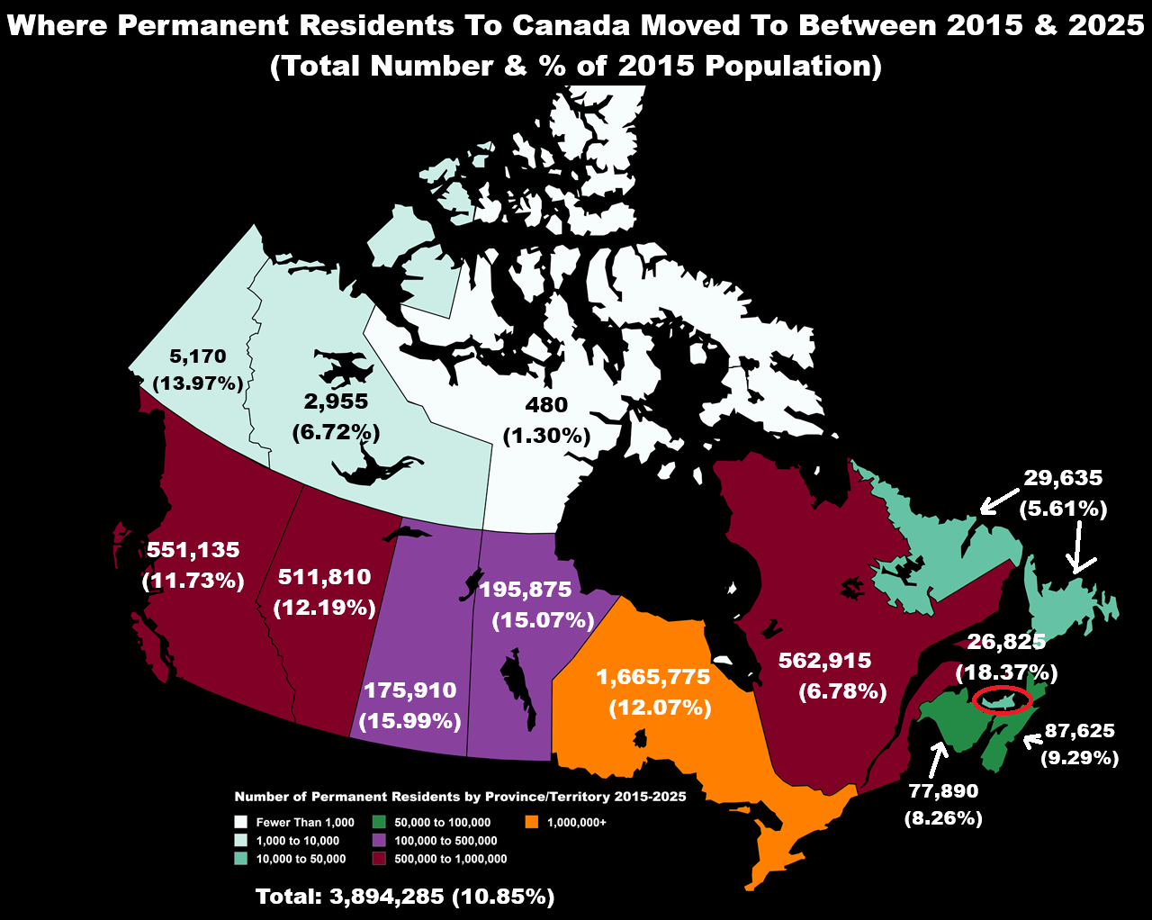 Where Permanent Residents to Canada moved to by Province and Territory between 2015 and 2025