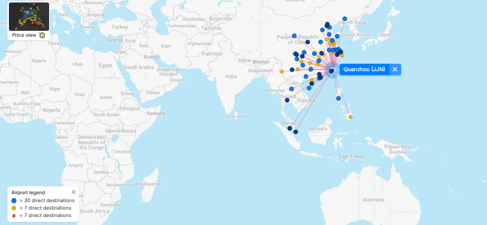 Direct Flights To and From Quanzhou Jinjiang International Airport (JJN) Destinations Map