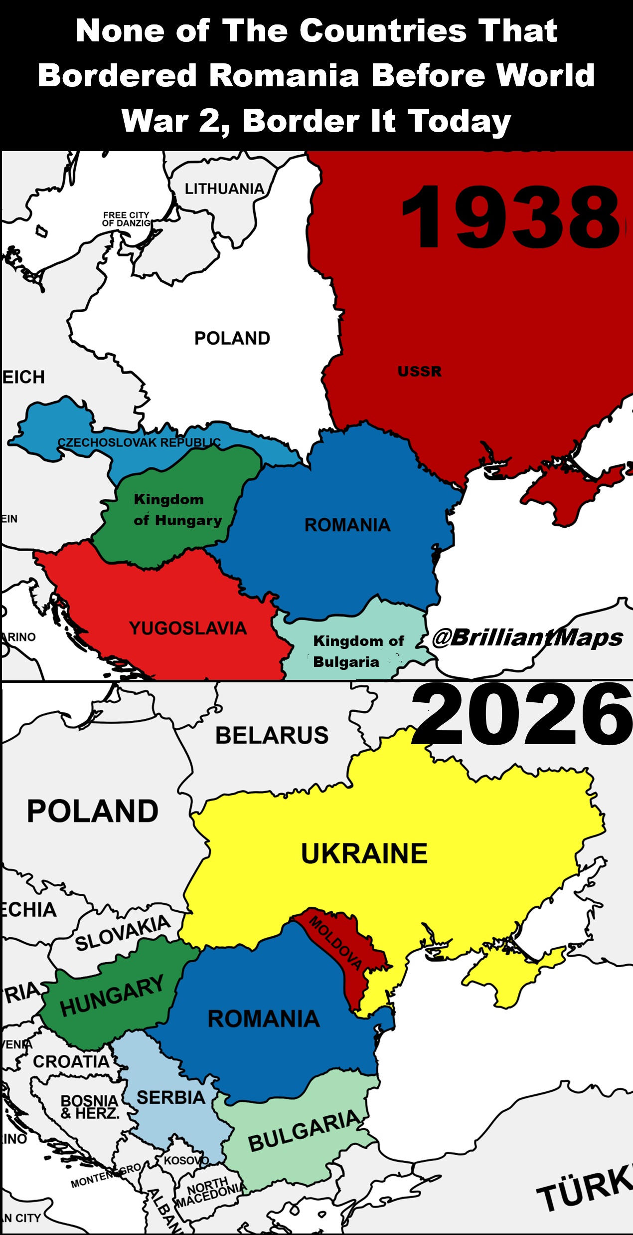 None of The Countries That Bordered Romania Before World War 2, Border It Today