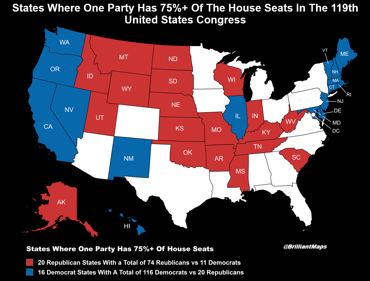 Map of US States have 75% or more of the House Seats In the 119th United States Congress