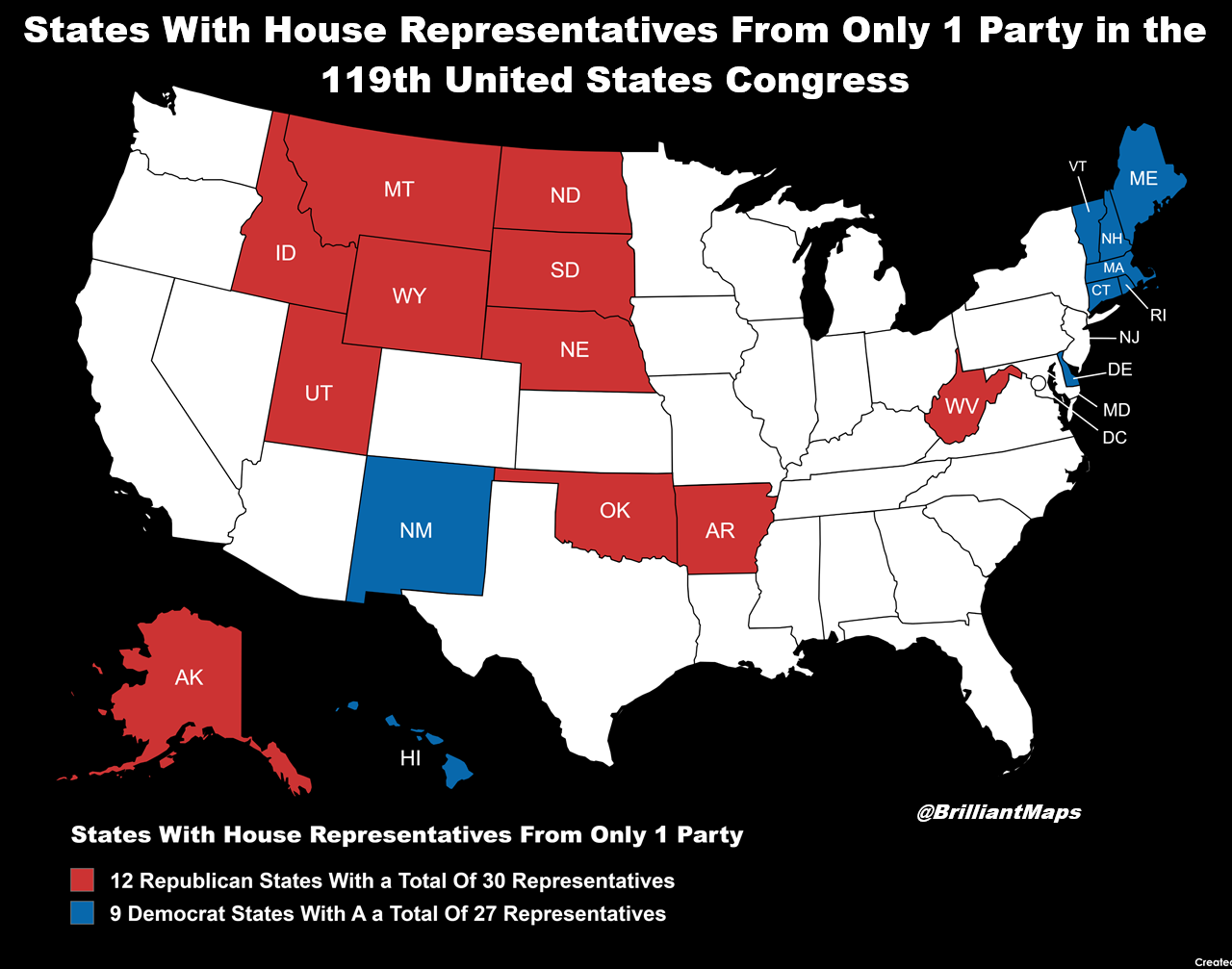 Map of 1 Party States In the 119th United States Congress