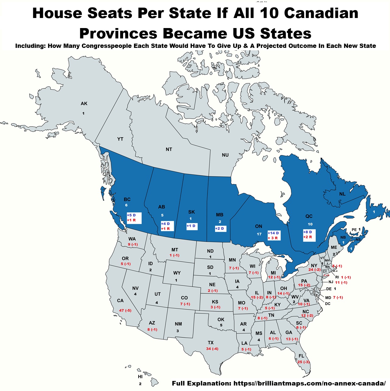 House Seats per state if all 10 Canadian provinces became US states