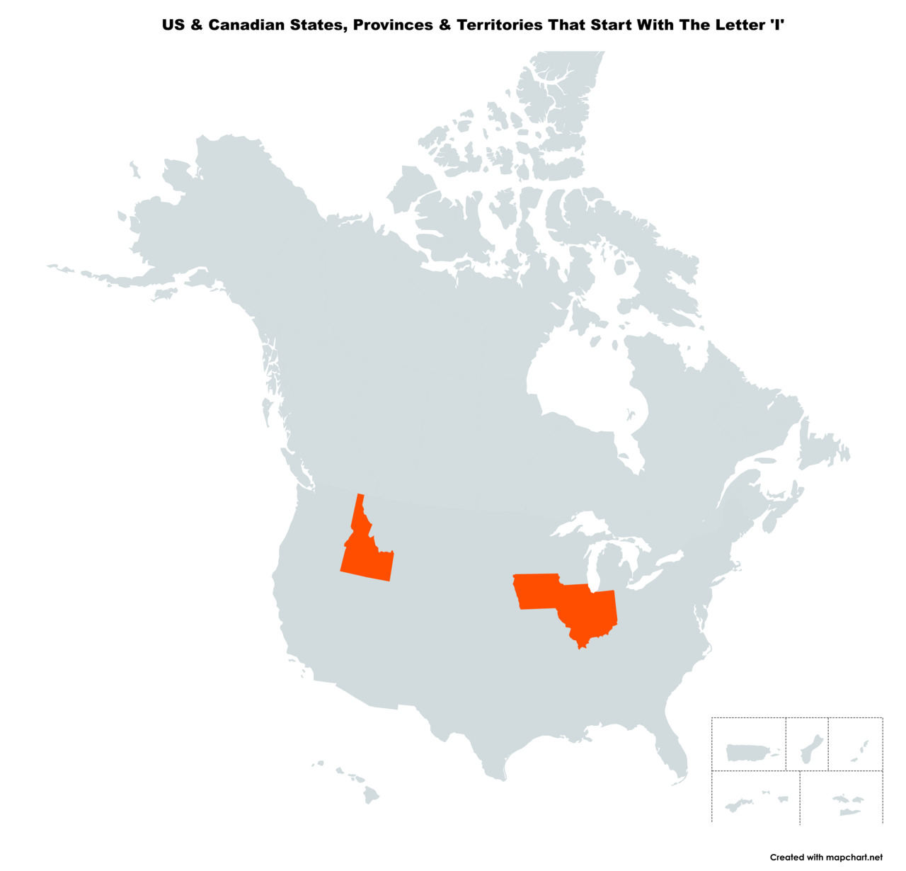 Map Of The 4 US States & Canadian Provinces That Start With The Letter 'I'