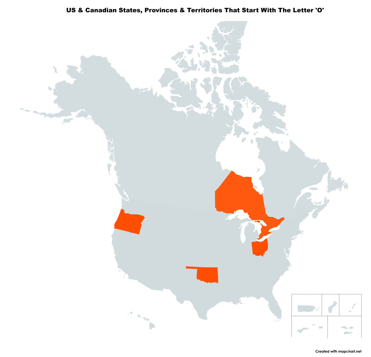 Map Of The 4 US States & Canadian Provinces That Start With The Letter 'O'