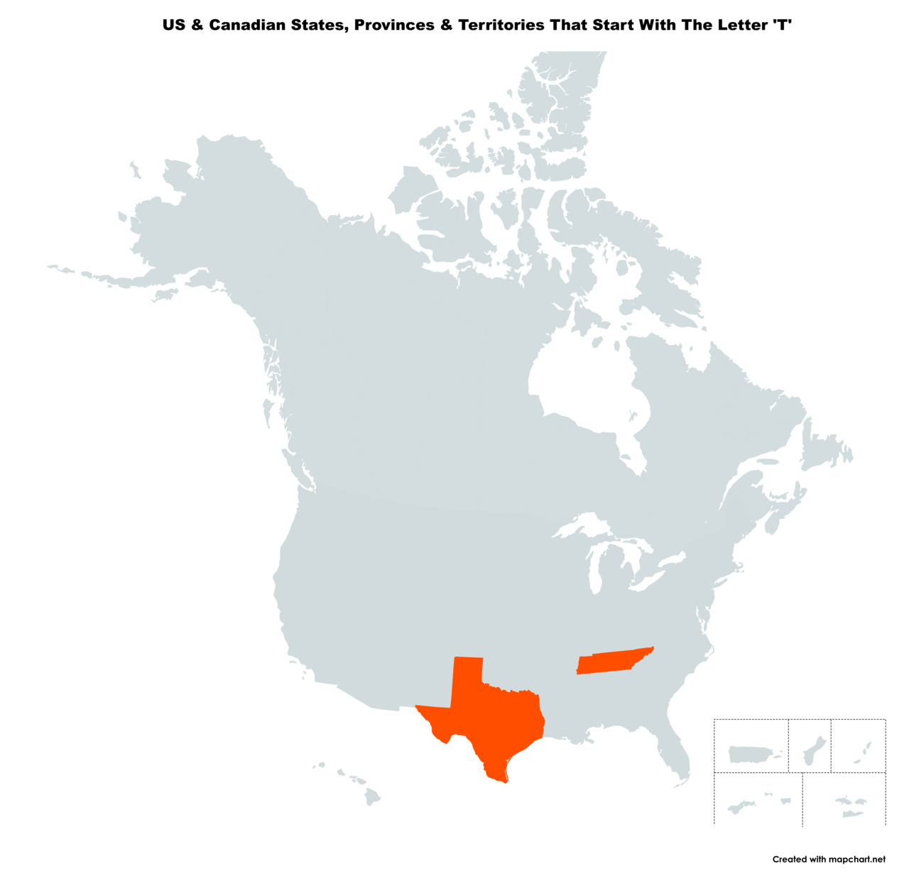 Map Of The 2 US States & Canadian Provinces That Start With The Letter 'T'
