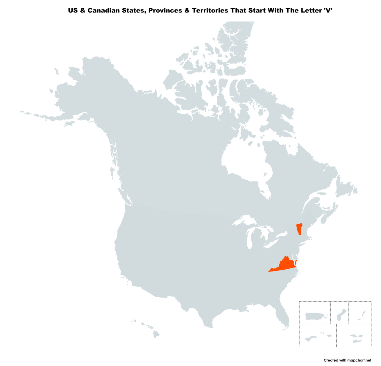 Map Of The 2 US States & Canadian Provinces That Start With The Letter 'V'