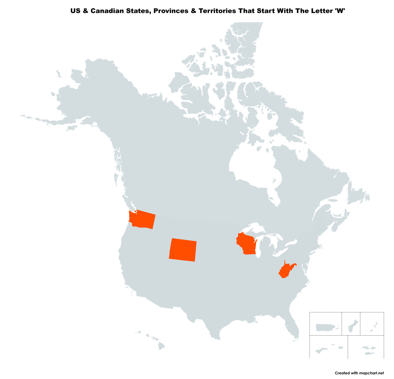 Map Of The 4 US States & Canadian Provinces That Start With The Letter 'W'