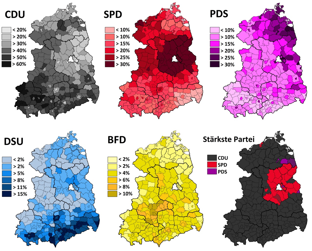 These map shows the popular vote of the different parties by county in the GDR election of the year 1990