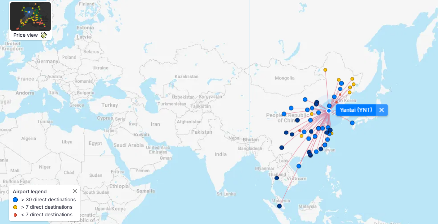 Direct Flights To and From Yantai Penglai International Airport (YNT) Destinations Map