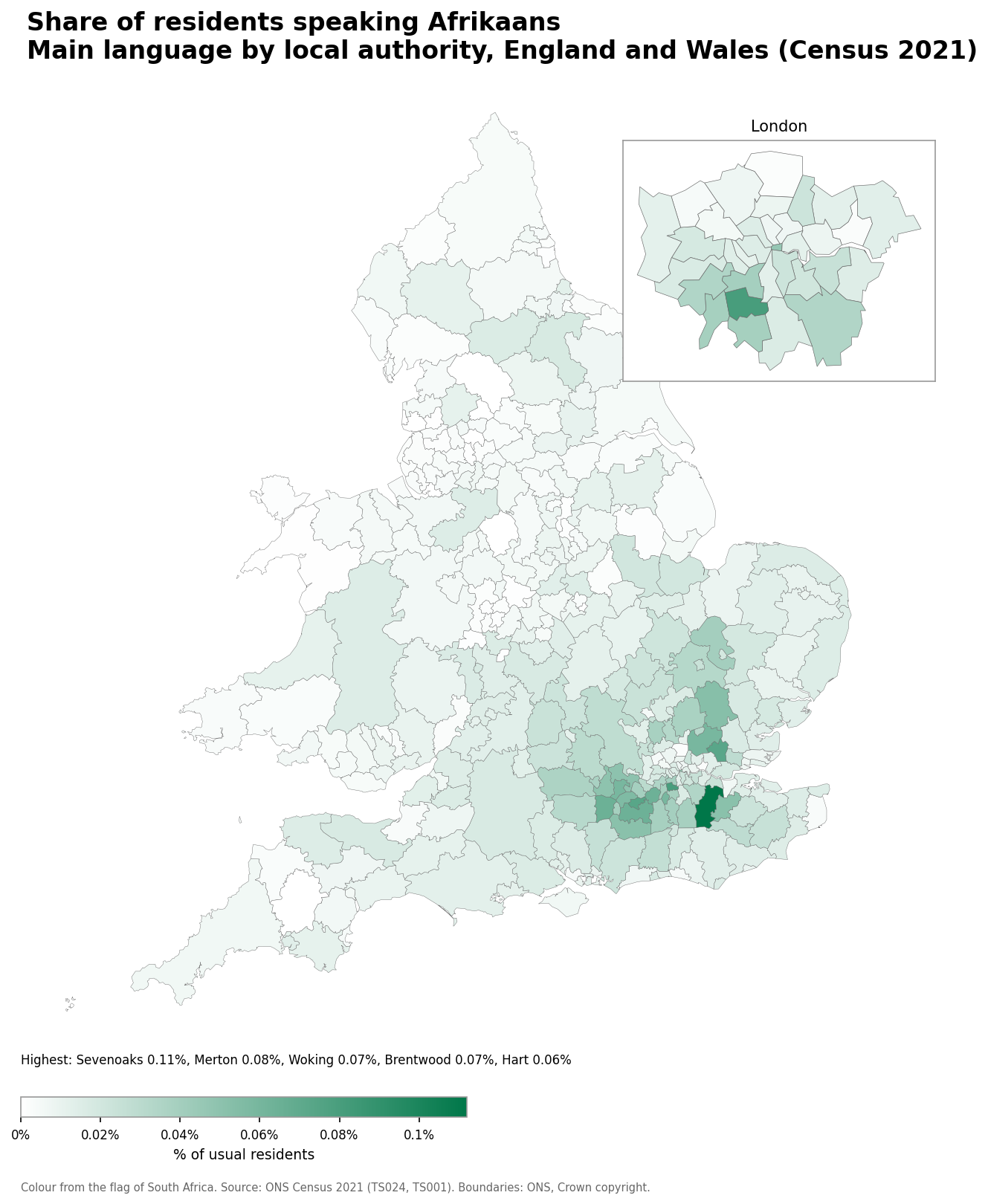 Map of the percentage of residents with Afrikaans as their main language by local authority in England and Wales, Census 2021