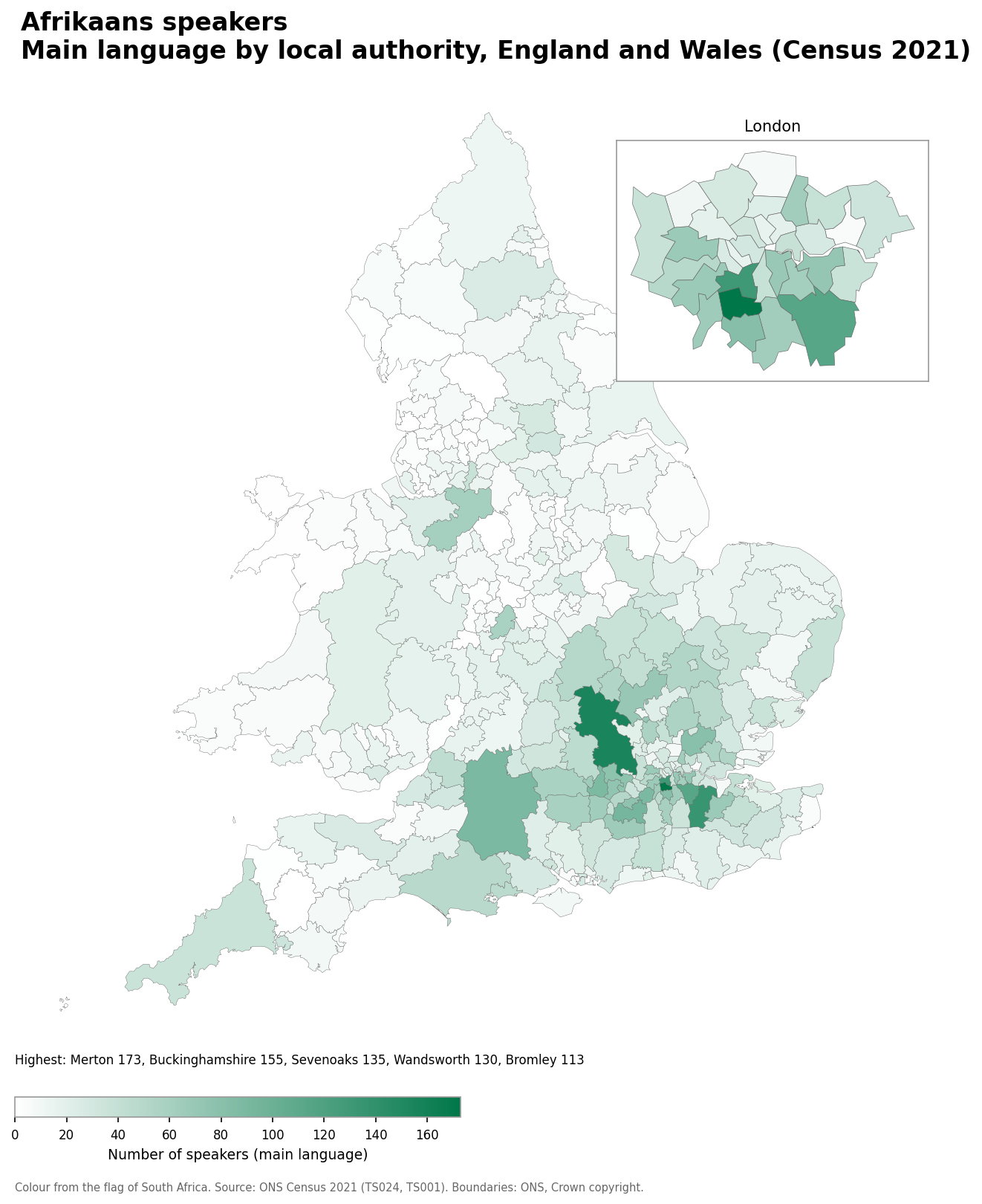 Map of the number of people with Afrikaans as their main language by local authority in England and Wales, Census 2021
