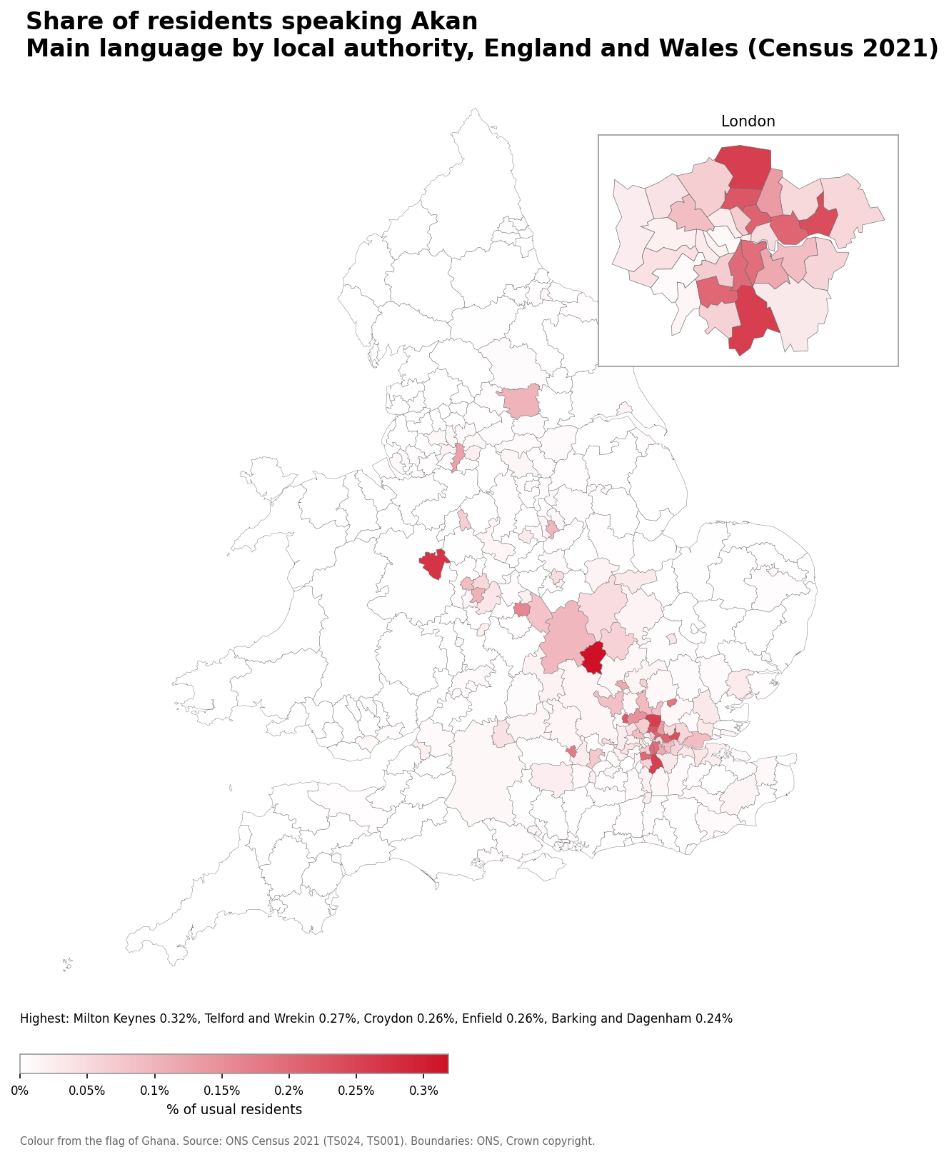 Map of the percentage of residents with Akan as their main language by local authority in England and Wales, Census 2021