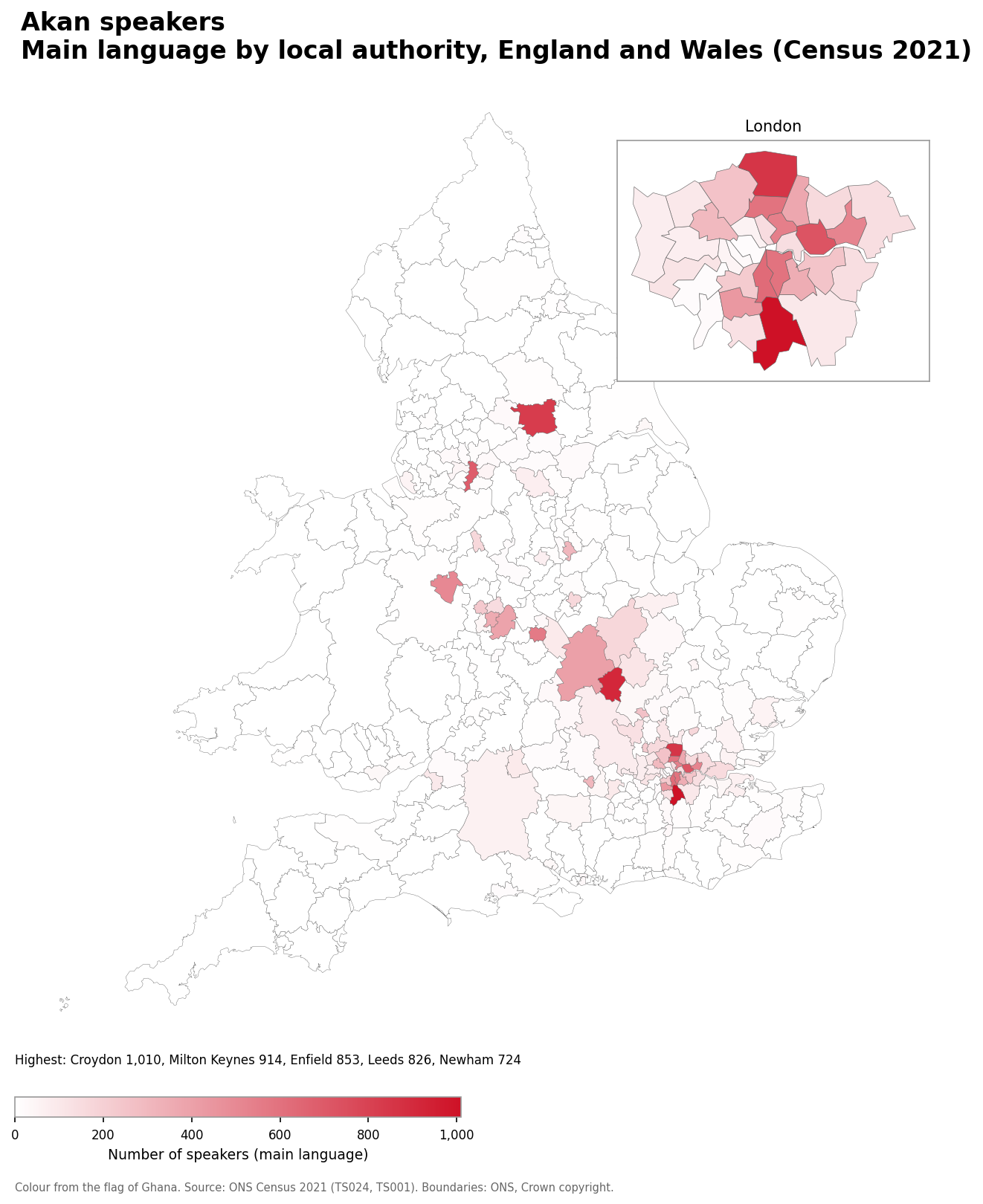 Map of the number of people with Akan as their main language by local authority in England and Wales, Census 2021