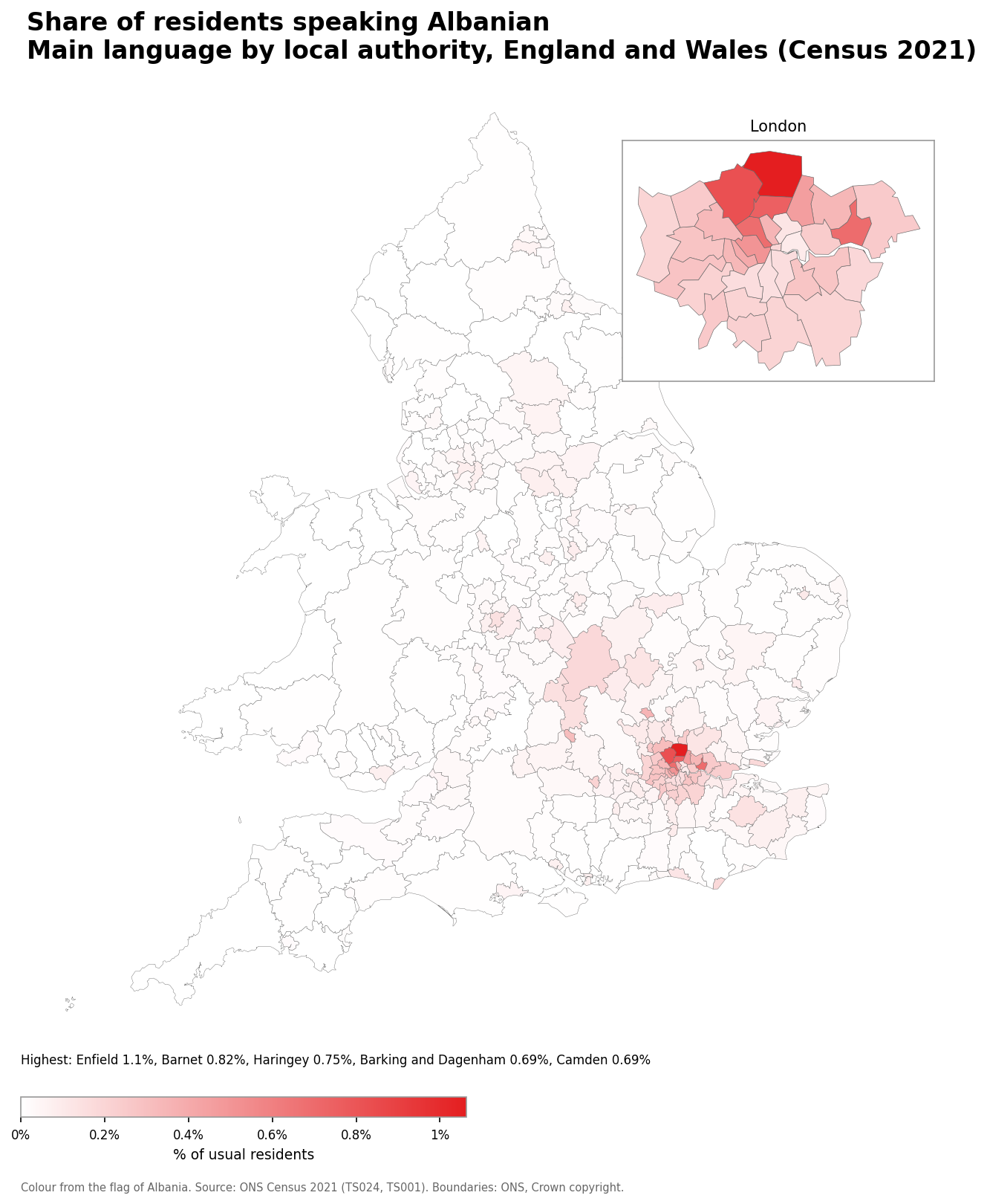 Map of the percentage of residents with Albanian as their main language by local authority in England and Wales, Census 2021