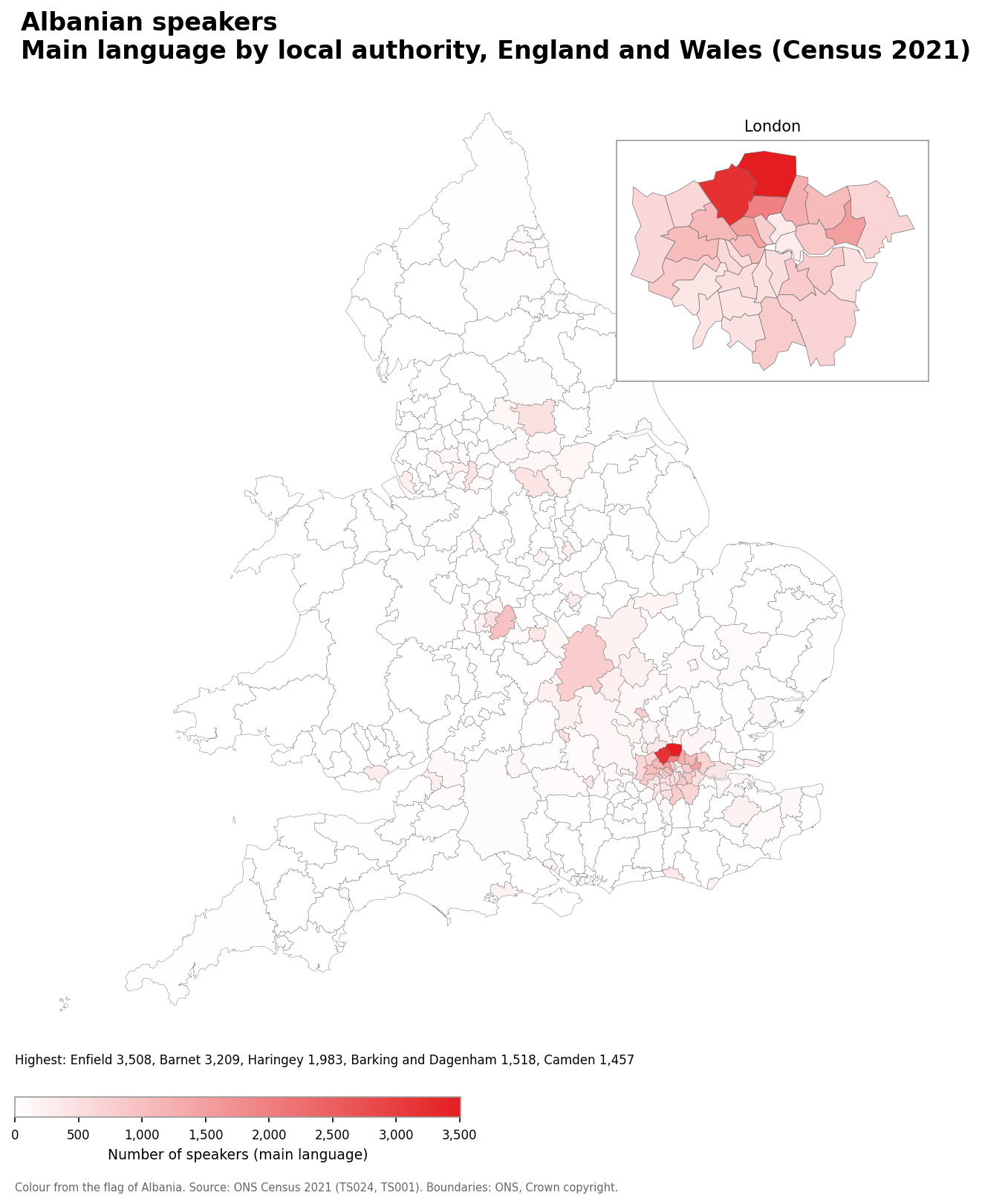 Map of the number of people with Albanian as their main language by local authority in England and Wales, Census 2021
