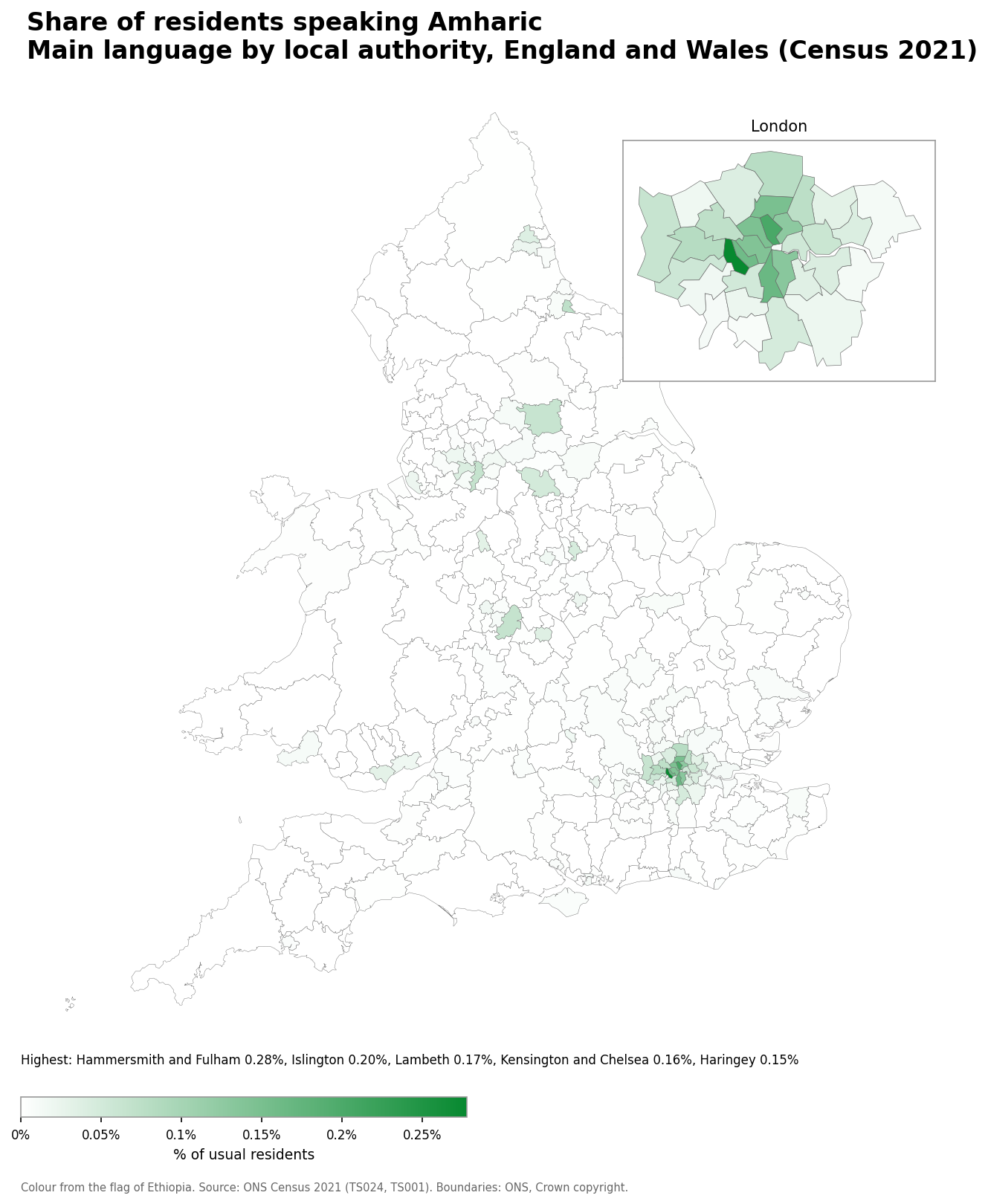 Map of the percentage of residents with Amharic as their main language by local authority in England and Wales, Census 2021