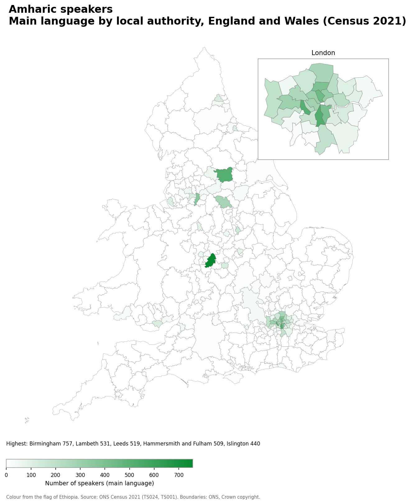 Map of the number of people with Amharic as their main language by local authority in England and Wales, Census 2021