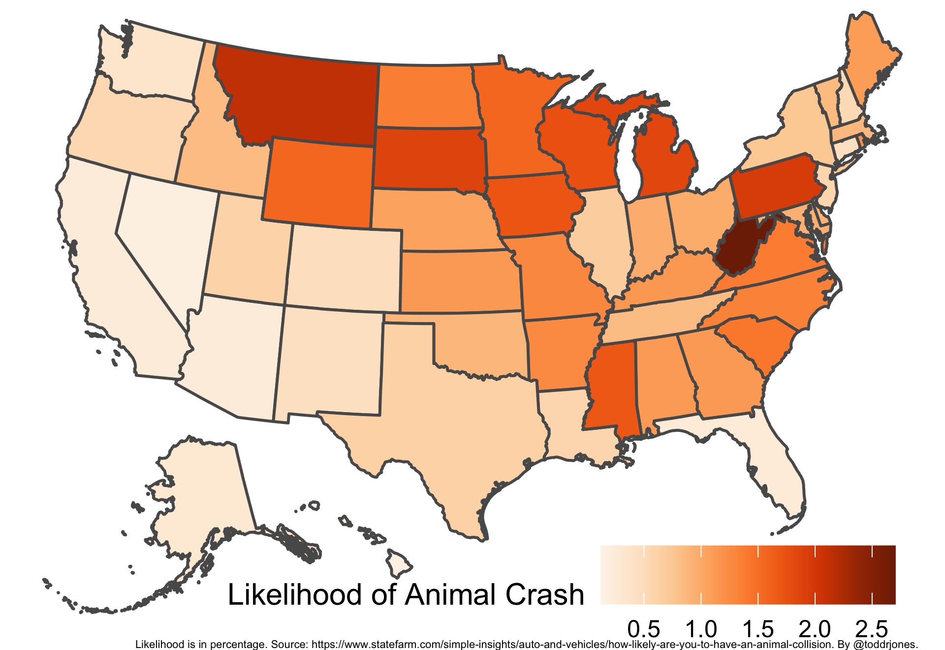 How Likely Car Drivers Are To Hit A Deer, Elk, Moose, Caribou or Other Large Animal Per Year