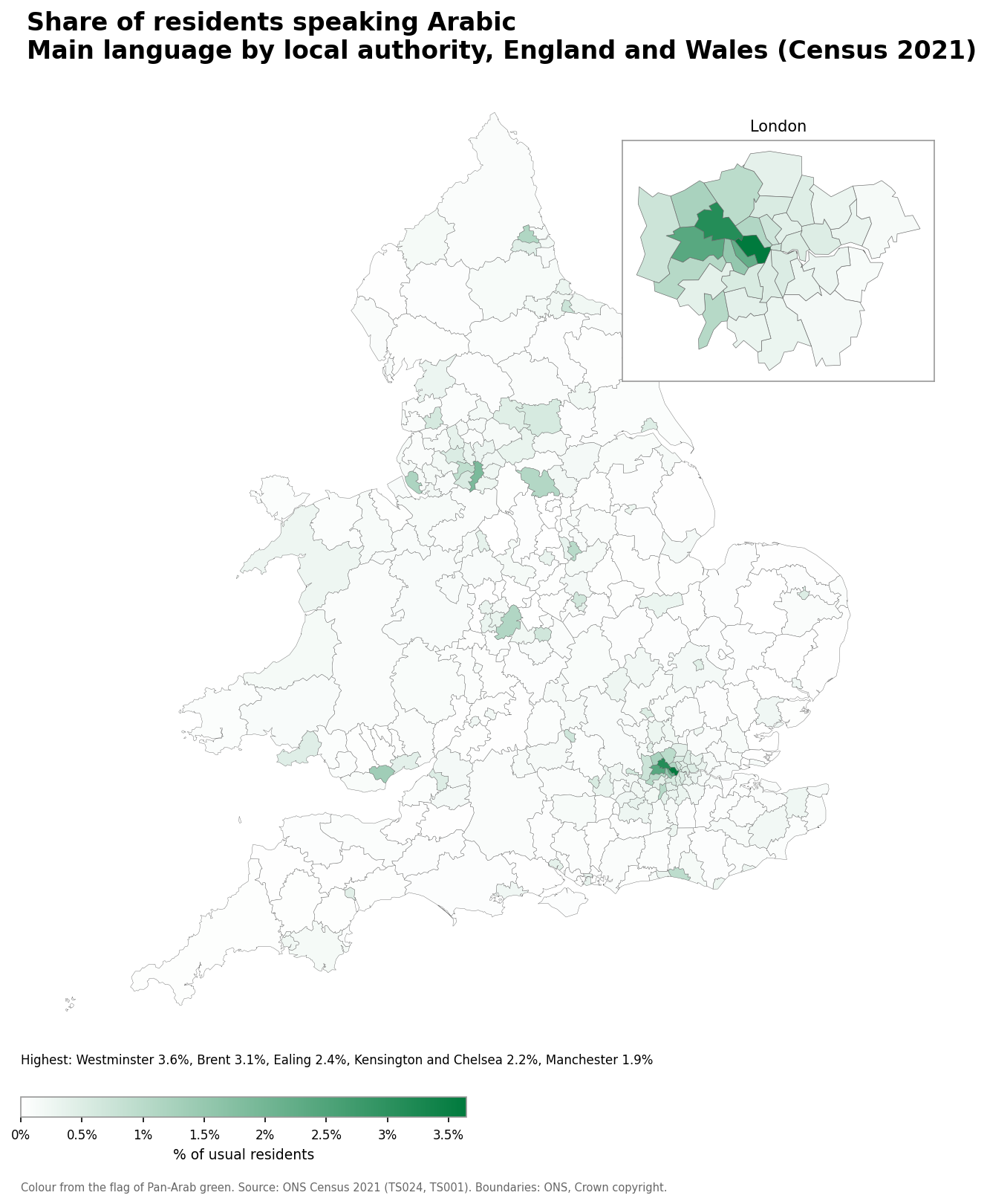 Map of the percentage of residents with Arabic as their main language by local authority in England and Wales, Census 2021