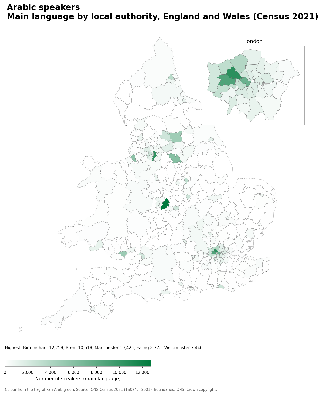Map of the number of people with Arabic as their main language by local authority in England and Wales, Census 2021